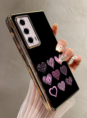 热瓜适用荣耀MagicV5/VS3手机壳折叠屏保护套粉红色涂鸦爱心电镀金边新款气质Magic V2RSR/VS2高档全包防摔套