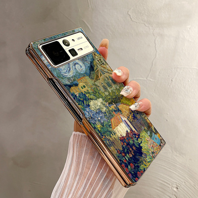 热瓜适用小米MIXFold4手机壳折叠屏保护套梵高油画小村落创意电镀金边新款气质mixfold3高档mixfold2全包潮套