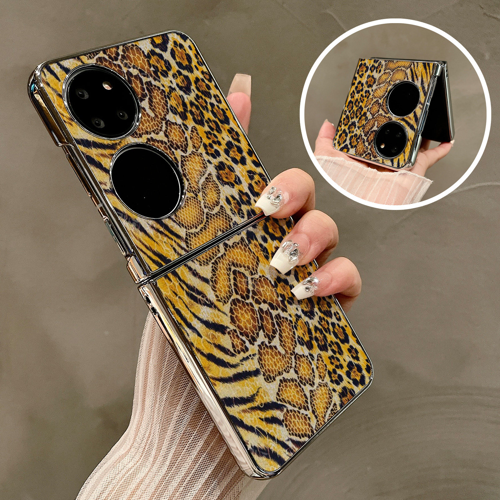 热瓜适用华为P50pocket手机壳Pocket2折叠屏保护套富贵黄金斑马蛇皮纹电镀银边新款pockets创意高档全包潮套