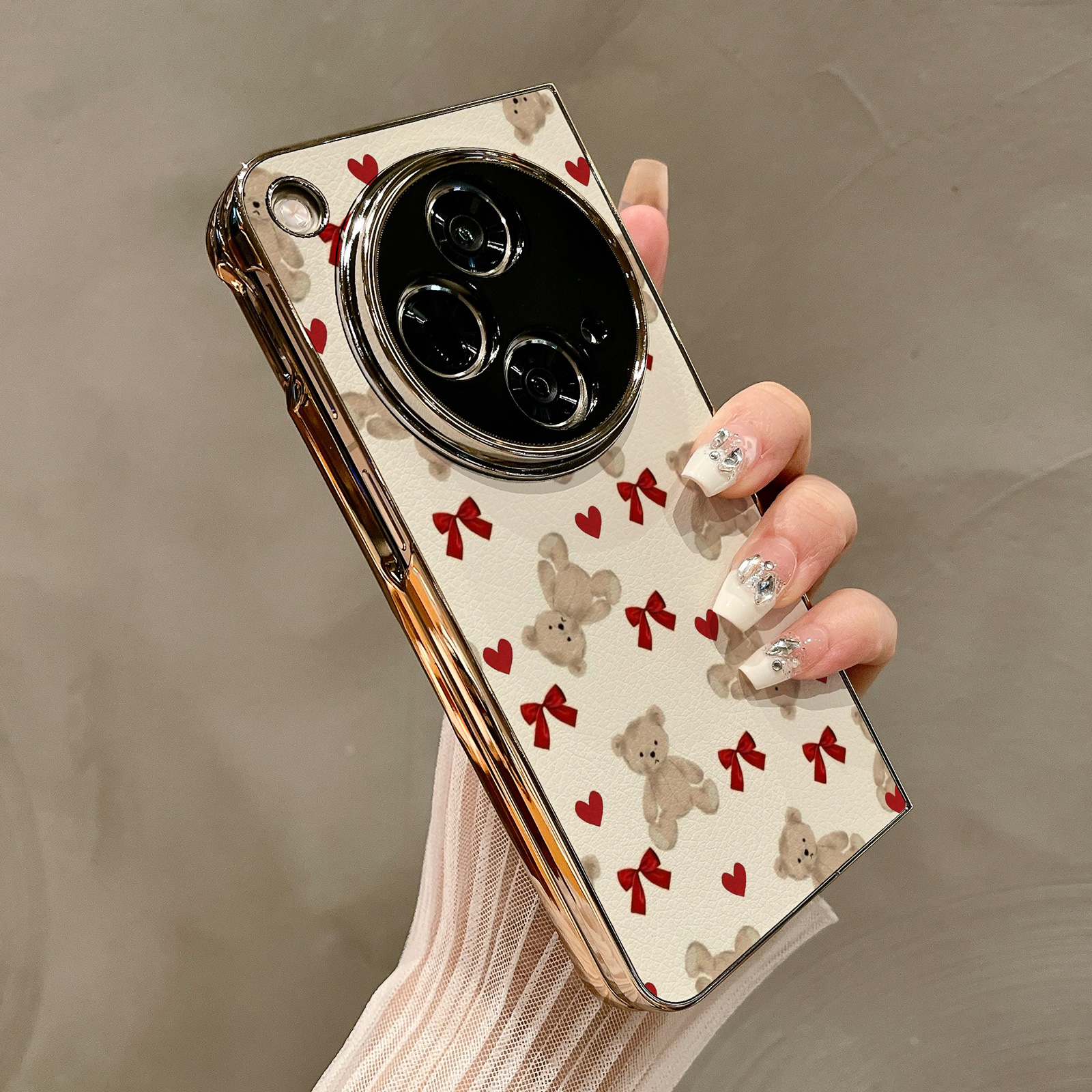 热瓜适用OPPOFindN5手机壳折叠保护套高档可爱蝴蝶结棕色小熊电镀金边新款气质findn3/findn2奢华全包防摔套