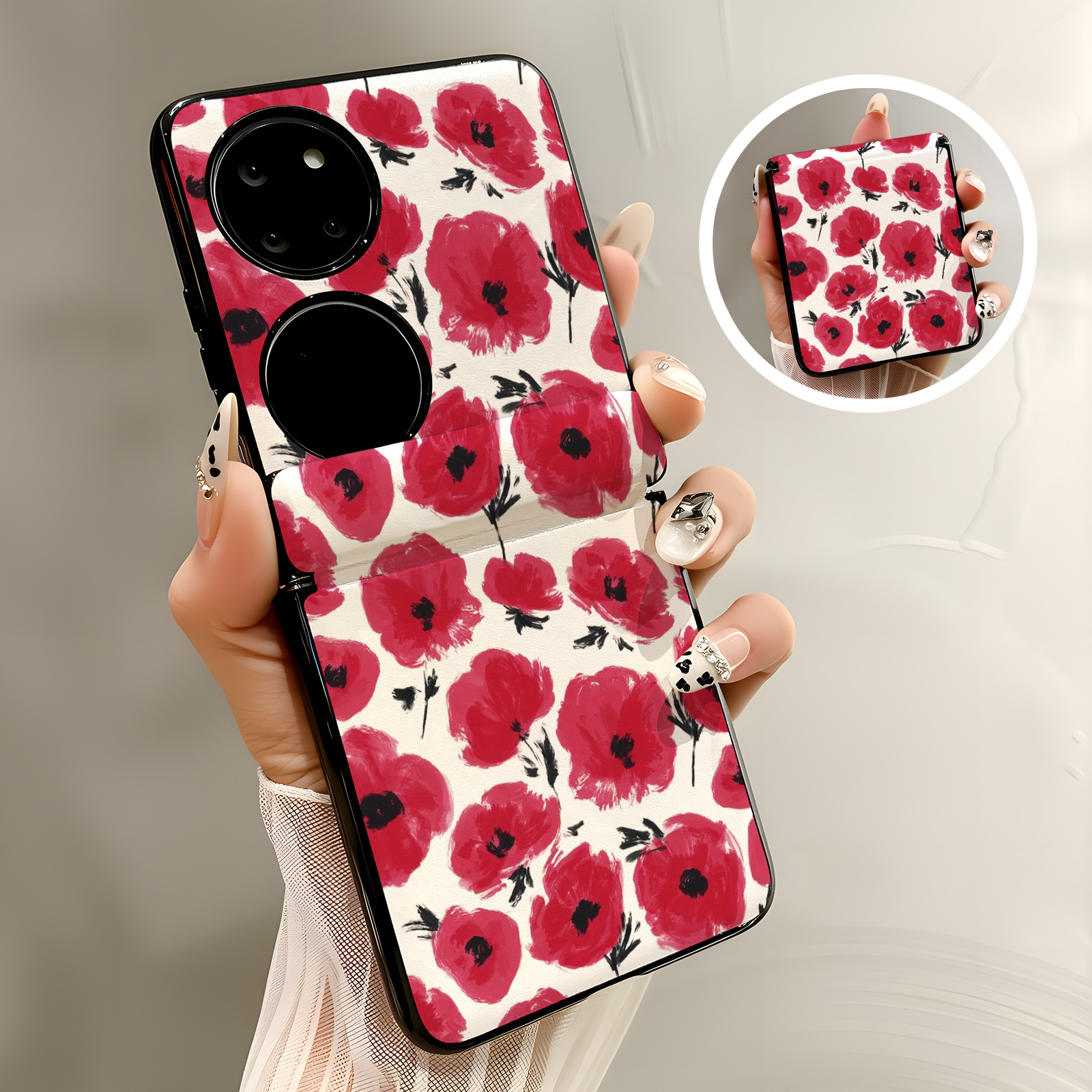 热瓜适用于华为Pocket2/P50pockets手机壳新款高档磁吸中轴皮纹折叠屏保护套全包潮流防摔套时尚红色满屏花朵