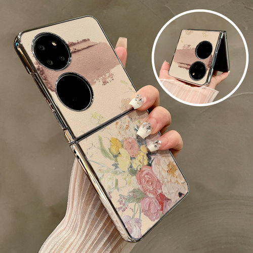热瓜适用华为P50pocket手机壳Pocket2折叠屏保护套电镀浮雕感油画花朵银边新款pockets创意高档翻盖全包潮套