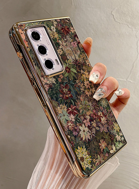 热瓜适用于荣耀MagicV5/V3/VS3/V2RSR/VS2手机壳折叠保护套新款高档气质电镀金边全包防摔套复古涂鸦油画花朵