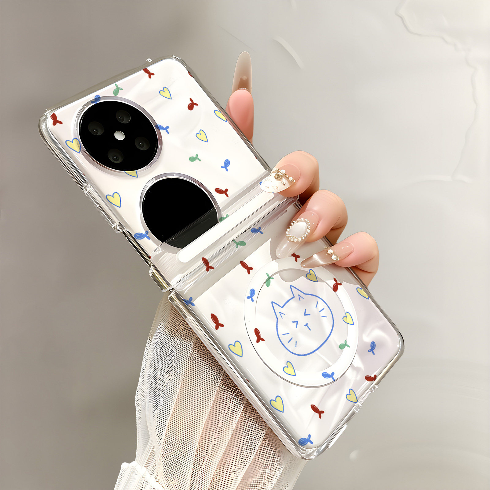 热瓜适用于华为Pocket2/P50pocketS手机壳折叠屏保护套新款中轴背面无线磁吸UV透明壳全包防摔套线条小鱼猫咪