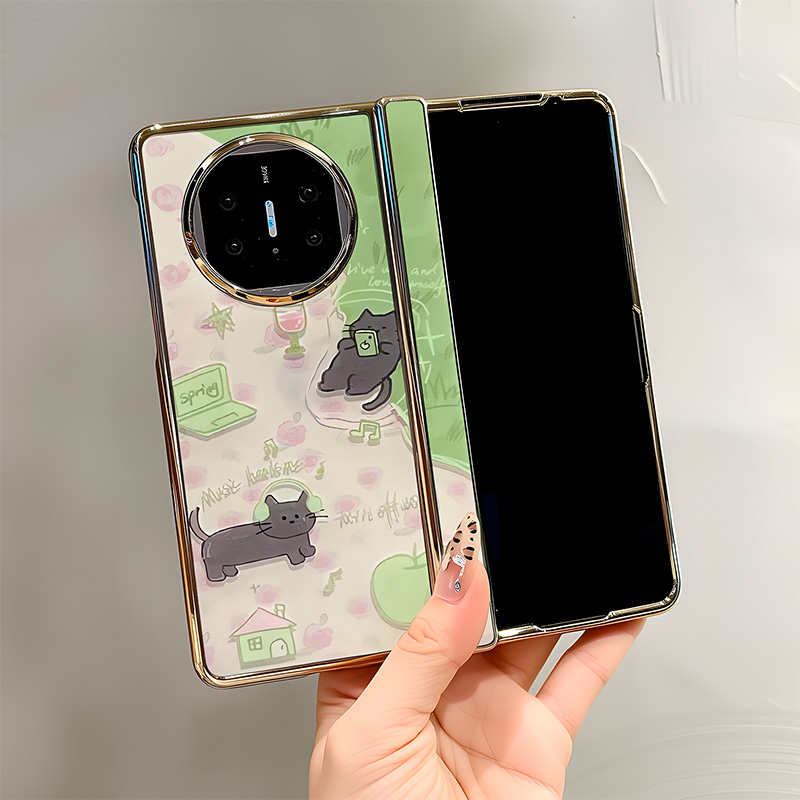 热瓜适用华为MateX7/X6/X5/X3手机壳高档电镀中轴皮纹折叠屏保护套新款高级感全包防摔套卡通可爱粉色玫瑰猫