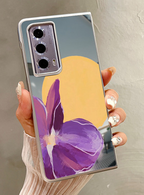 热瓜适用荣耀MagicV5/VS3手机壳折叠屏保护套油边涂鸦紫色花朵月亮潮镜面新款翻盖Magic V2RSR/VS2高档全包套