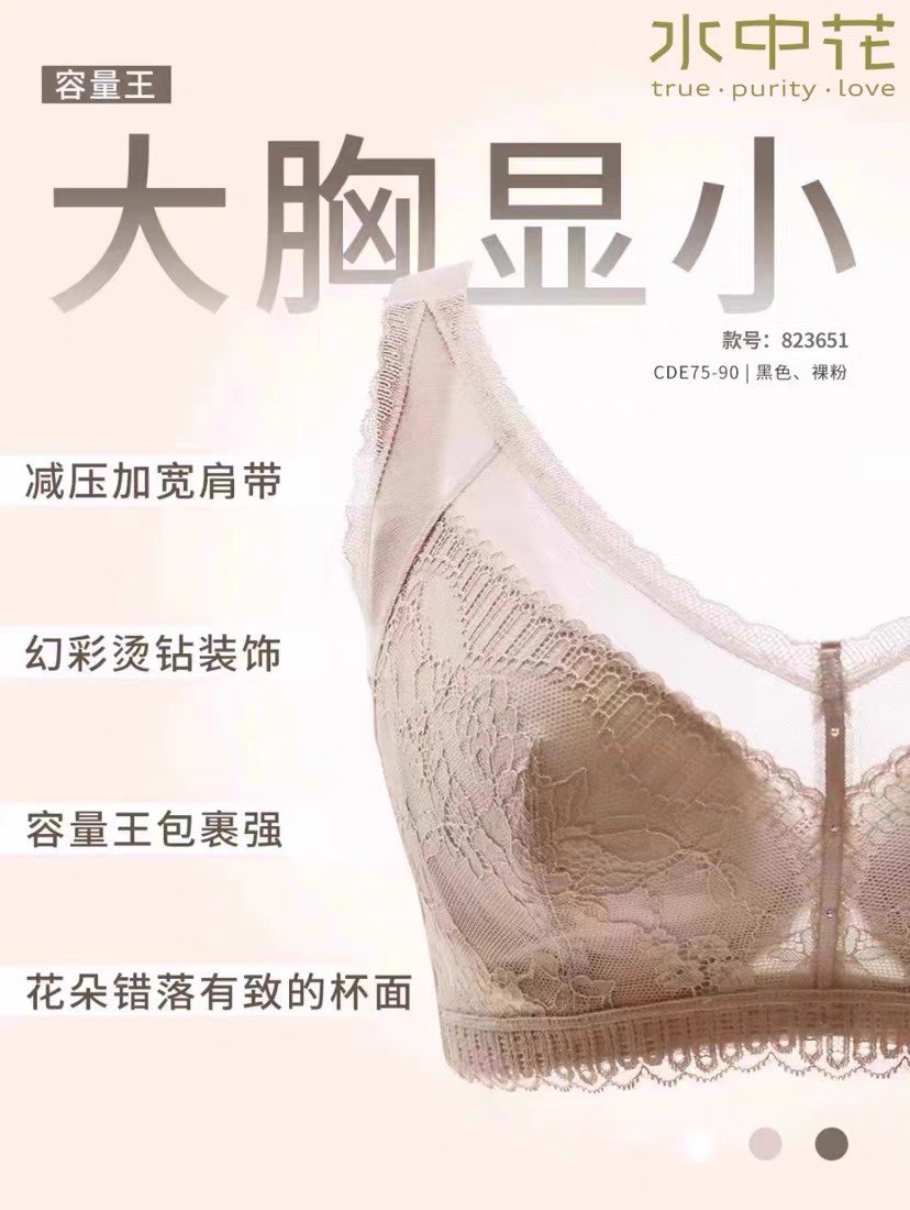 水中花823651全包大胸显小cde罩杯四排扣软钢圈文胸内衣4042尺码