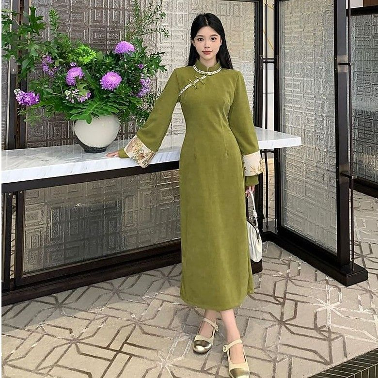 青倾家新中式国风一川枫叶复古改良旗袍女秋冬气质长袖连衣裙
