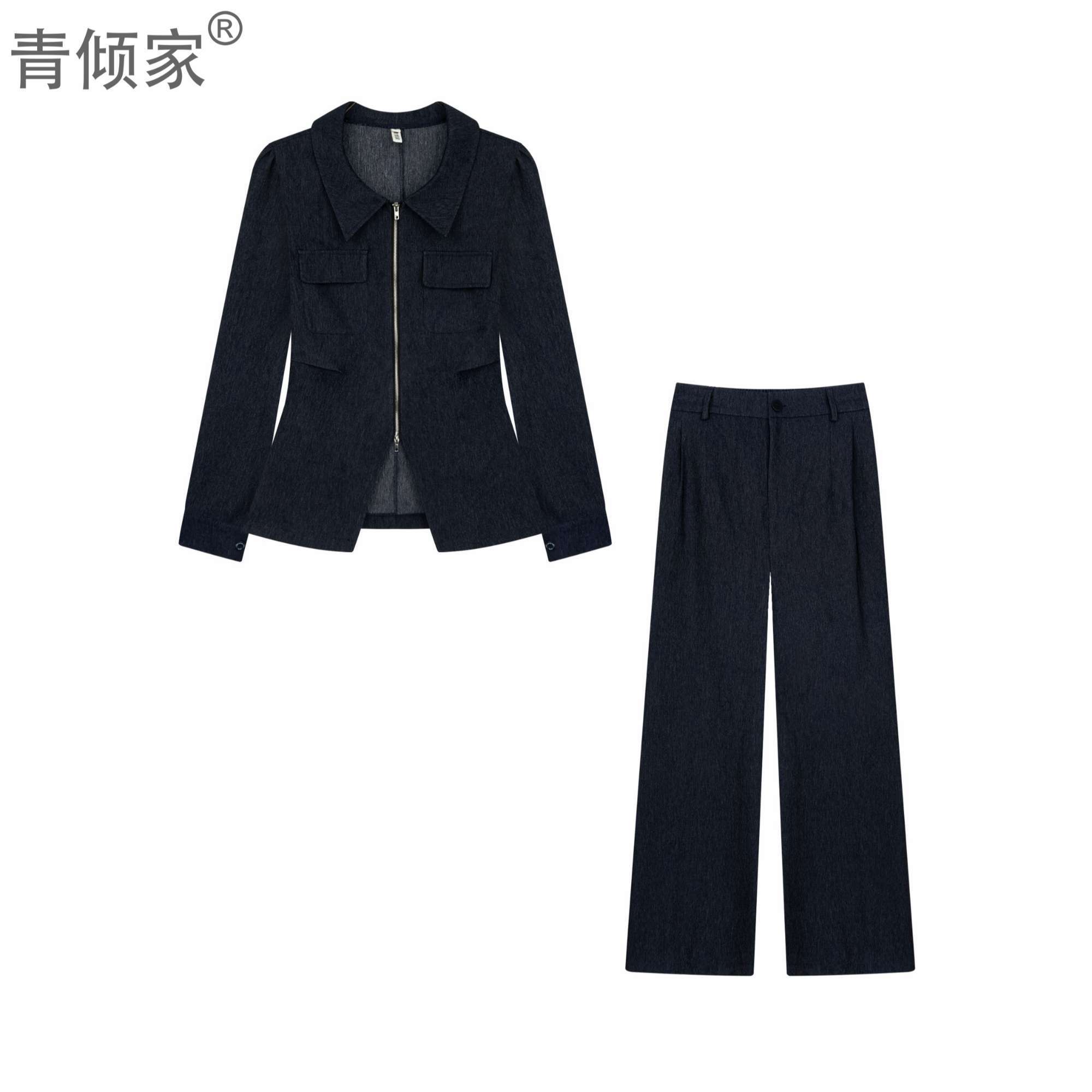 青倾家【挪威之秋】大码女装胖mm韩版POLO领拉链收腰长袖衬衫长裤