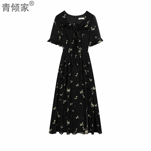 青倾家 高级设计感蝴蝶碎花掐腰显瘦连衣裙 梦中蝶影 夏季