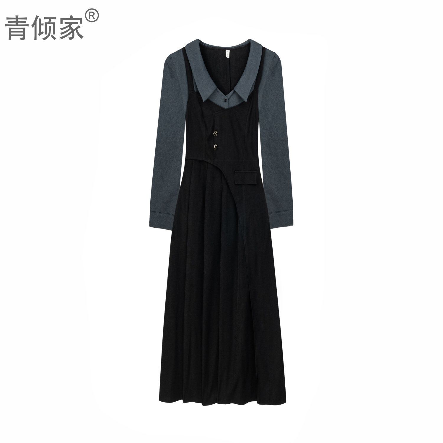 青倾家【秋雨巴黎】时尚甜美减龄百搭衬衣拼接吊带连衣裙