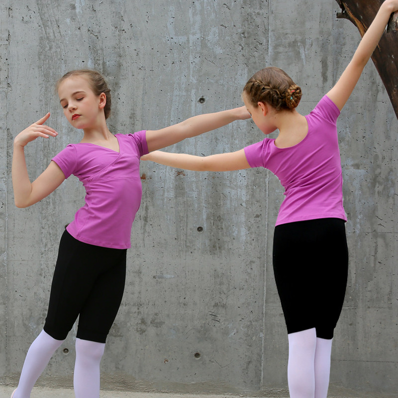 春夏新款儿童交叉领舞蹈上衣练功服女童五分哈伦裤分体套装练习服