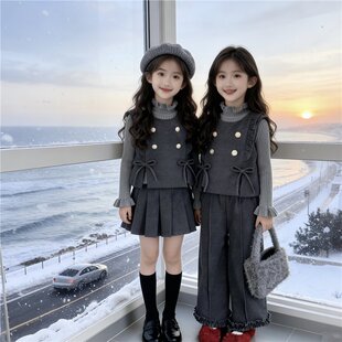 韩系女童秋冬马甲两件套2025新款百搭毛呢背心百褶裙小香风甜美潮