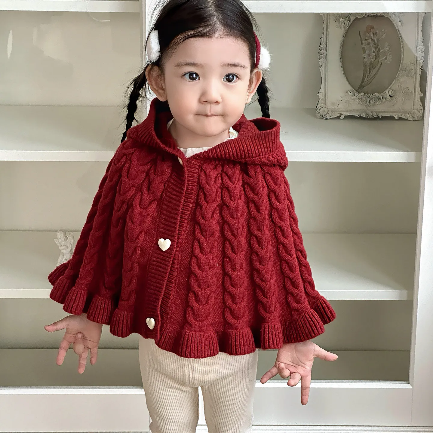 点兮2025秋季新款婴幼儿毛衣斗篷套装女宝宝连帽披肩打底裤两件套