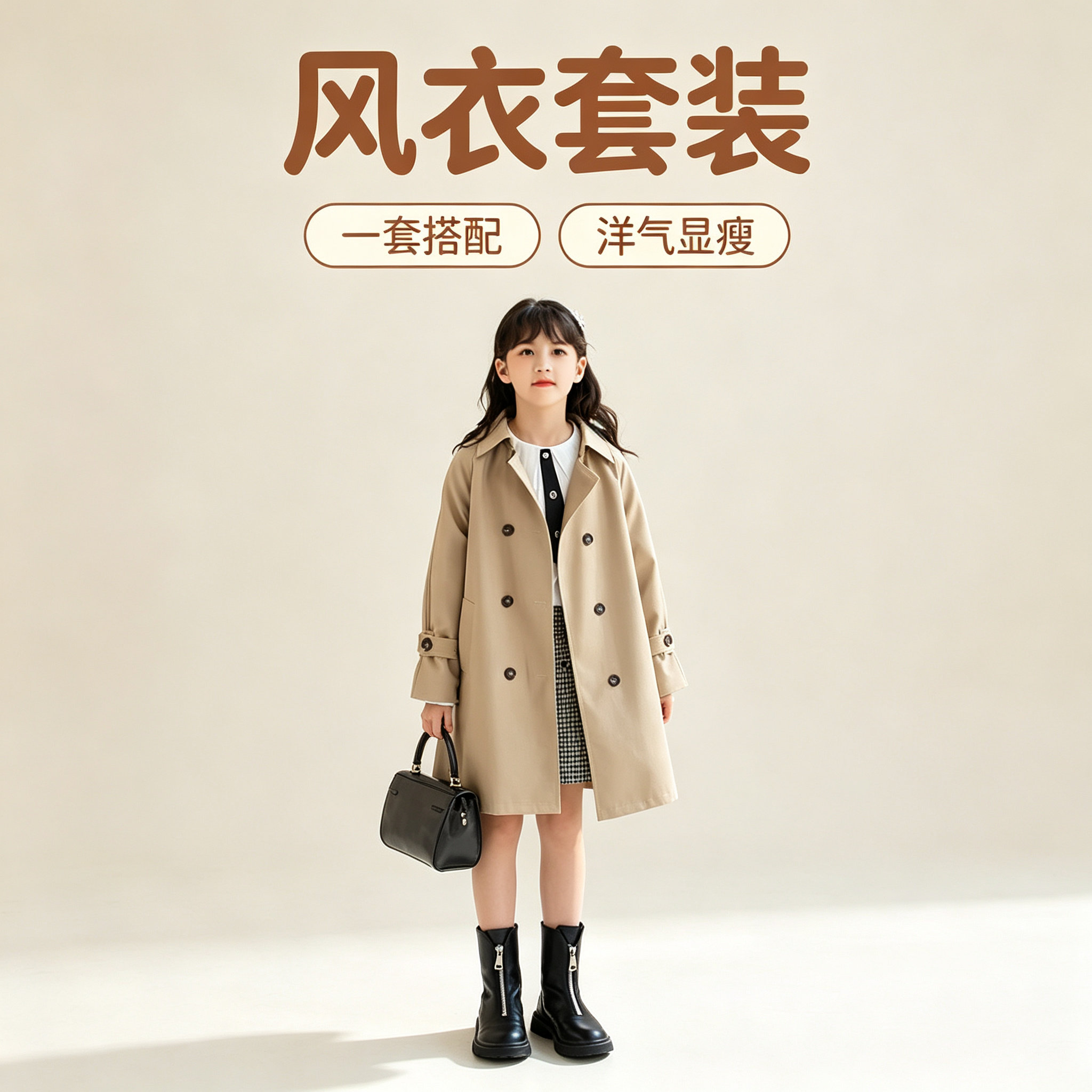 高端女童风衣外套女孩白色衬衣黑白格子短裤中大童长款大衣亲子装