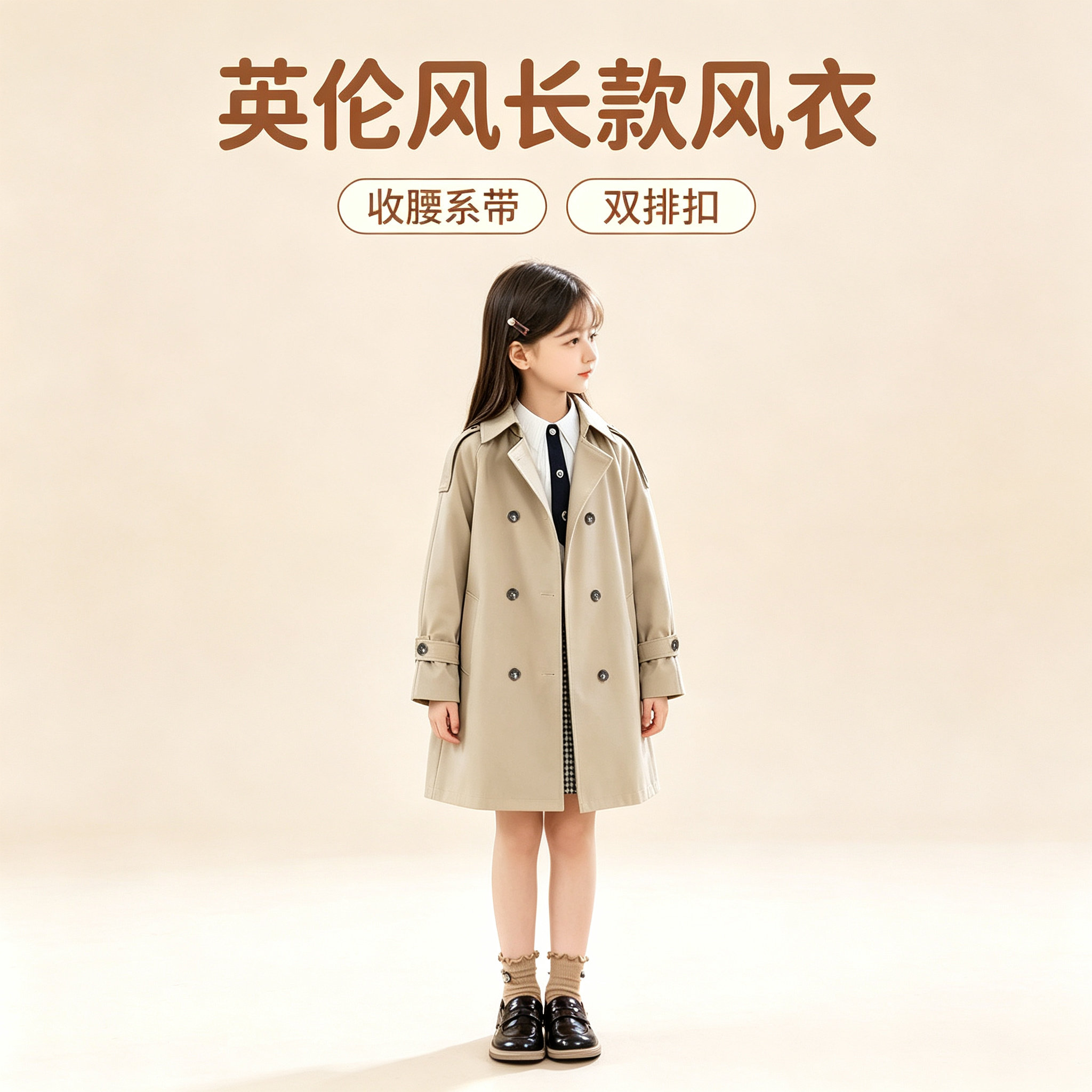 女童风衣女孩春秋新款儿童洋气时髦秋装英伦风女大童长款大衣外套