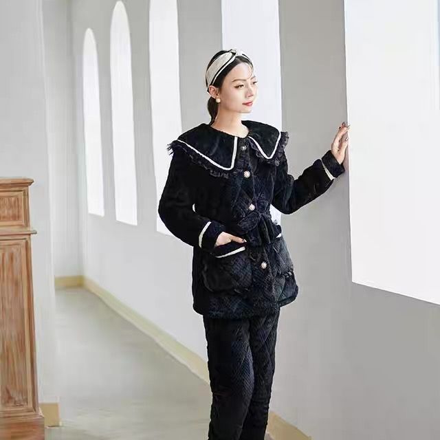 冬季女三层夹棉加绒保暖家居服套
