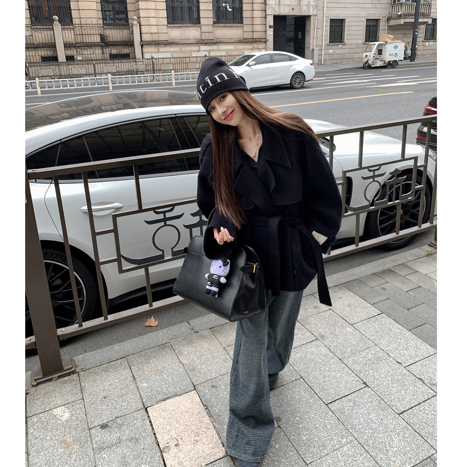 Morri chen高级感超好看双面羊绒大衣女冬廓形翻领藏蓝色毛呢外套