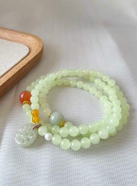 原创设计天然晴水和田玉多圈手链女新中式复古风玛瑙手串藕片吊坠