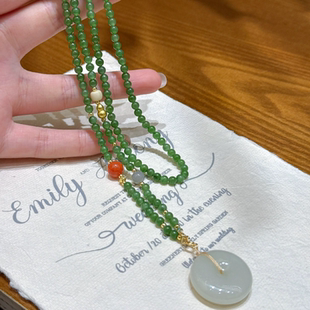 天然和田玉碧玉平安扣吊坠女款项链新中式毛衣链颈链配饰送女友