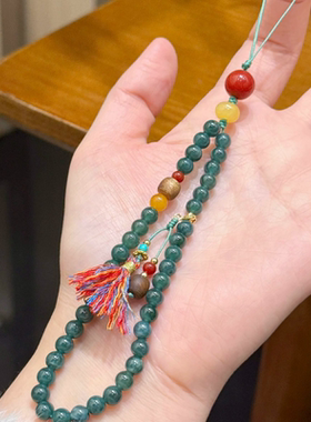 天然蓝水翡翠手机链女款多宝拼接沉香蜜蜡手腕款高级感挂绳挂链