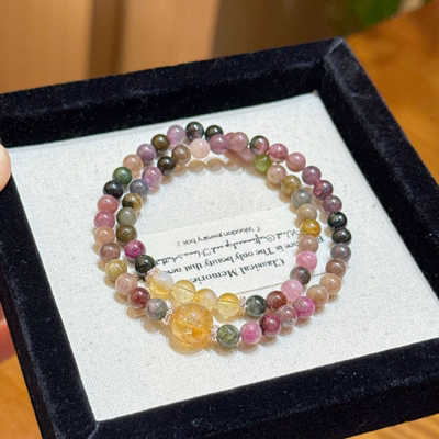 原创设计天然彩虹碧玺手链女款新中式国风饰品礼物两圈水晶手串