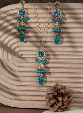 【珠黛饰品】时尚复古女士长款奢华仿大宝石耳环项链套装 六色