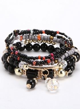 【珠黛饰品】跨境新款多层波西米亚民族风时尚几何米珠手链 五色