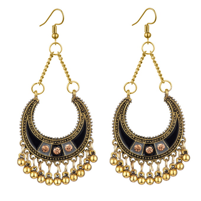 【珠黛饰品】印度民族风耳坠热销月亮形滴油耳饰小珠耳环 四色