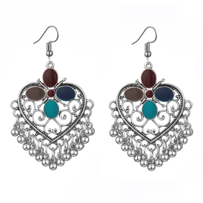 【珠黛饰品】亚马逊wish热卖 桃心形滴油合金小珠印度风耳环 四色