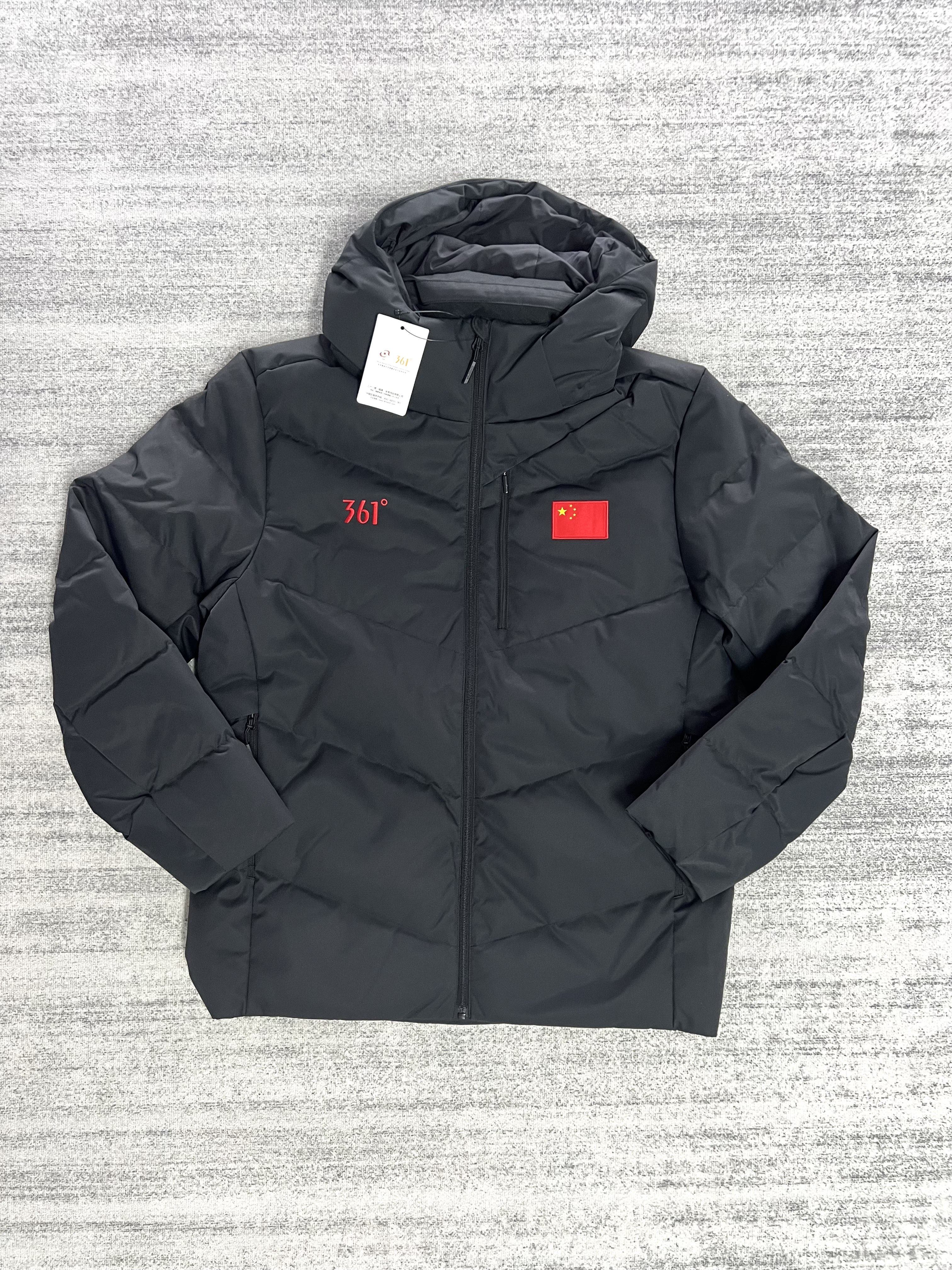 361度赞助2025中国国家队黑色连帽短款羽绒服国服秋冬防寒大衣