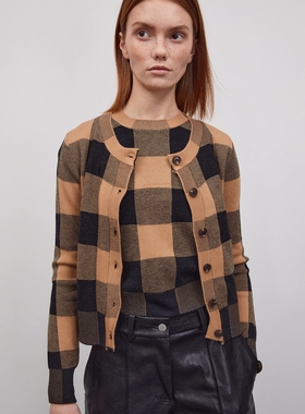 美国代购source unknown 20秋冬格子两件套针织长袖背心套装