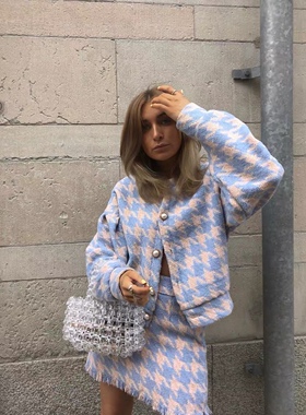 STORETS代购Lori Houndstooth 2 Piece Set珍珠千鸟格毛呢套装