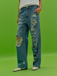 美国代购source unknown 2022夏季 高腰直筒牛仔裤破洞拖地裤女