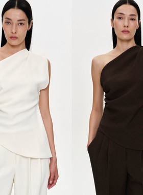 美国代购source unknown24夏小众不对称露肩斜襟无袖垂感衬衫