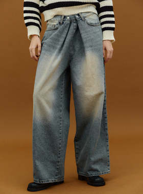 代购source unknown23春夏 折叠腰复古做旧牛仔磨白直筒裤老爹裤