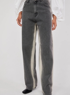 美国代购source unknown 做旧渐变色高腰直筒裤牛仔裤老爹裤