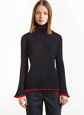 美国代购PIXIE MARKET潮店 木耳边高领螺纹喇叭袖撞色毛衣