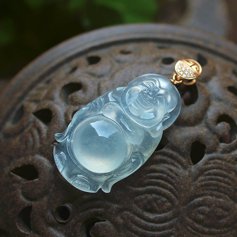 冰种翡翠a货弥勒佛公挂件吊坠缅甸玉石18K金钻石天然珠宝证书0890