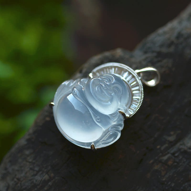 冰种翡翠a货弥勒佛公吊坠挂件缅甸玉石18K金钻天然珠宝首饰证书33