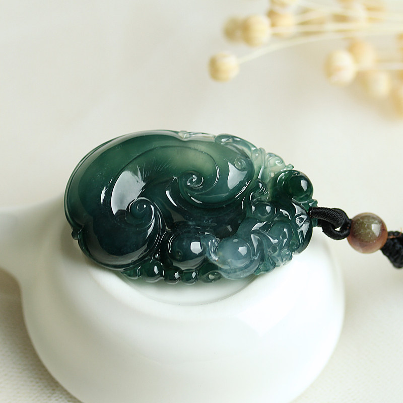 老蓝水翡翠如意貔貅大挂件吊坠冰种缅甸玉石天然A货珠宝证书 0787