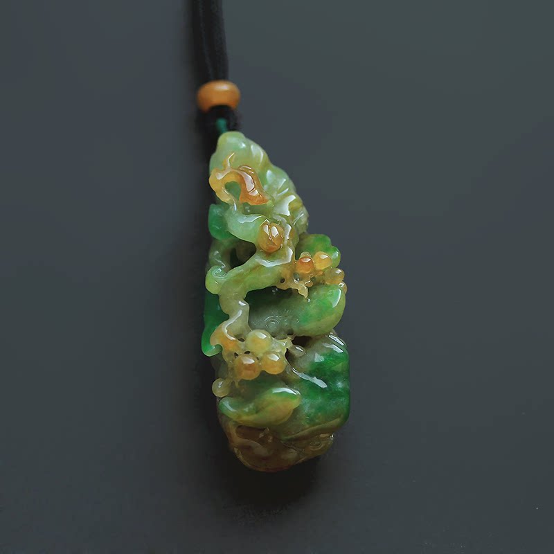 黄加绿三彩翡翠貔貅挂件花鸟吊坠老坑糯冰种缅甸玉石天然A货 0603
