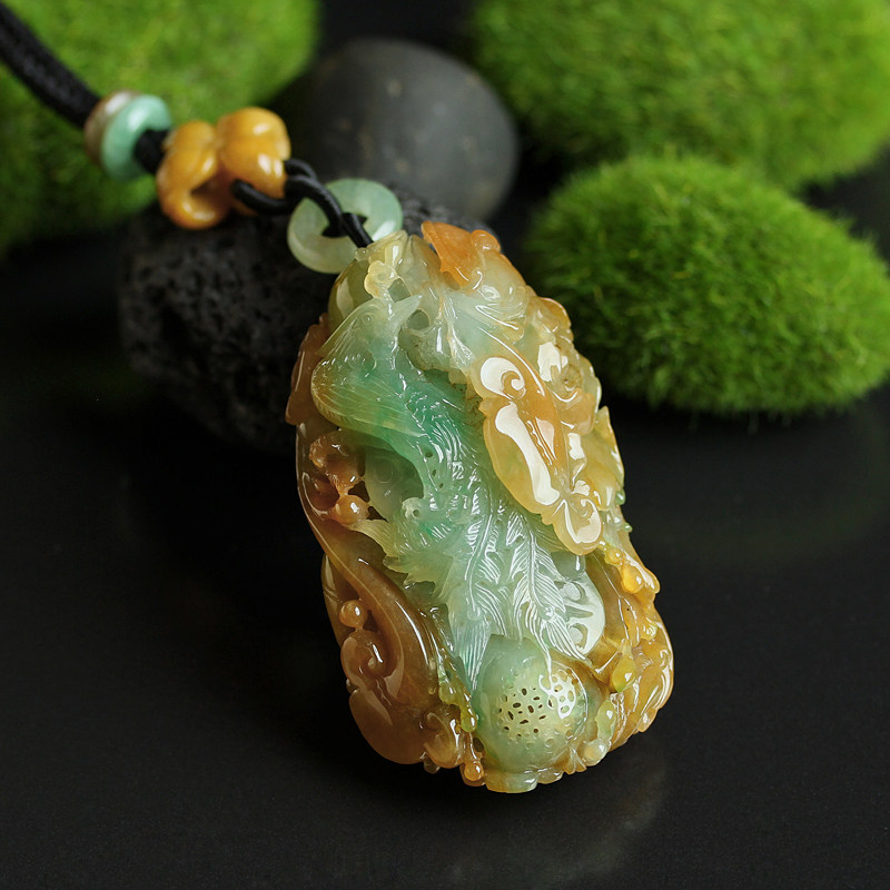 黄加绿翡翠花鸟手把件糯冰种缅甸玉石锦上添花天然a货珠宝证书532