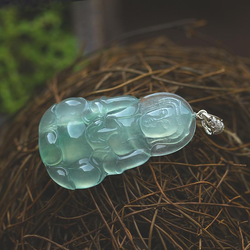 冰玻璃种晴水绿翡翠观音挂件吊坠天然缅甸玉石18k金钻石扣证书527