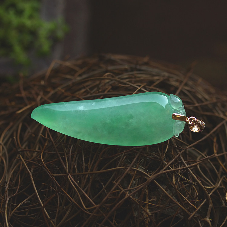 冰种满绿翡翠福瓜吊坠阳绿缅甸玉石挂件18K金钻石天然A货珠宝0869