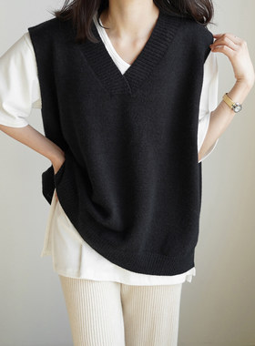 11975针织背心女针织马甲宽松百搭通勤日常开叉无袖毛衣女
