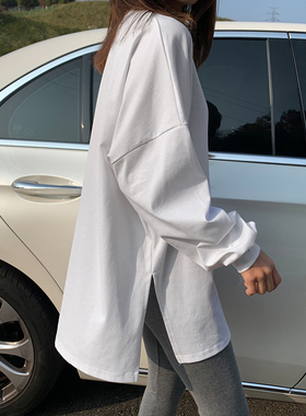 现货！打底T女装长袖T恤加厚秋季内搭打底T恤纯色白色开叉女