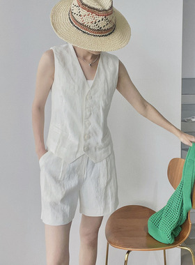 LSD夏季新款白色100%汉麻v领宽松白色马甲+短裤时髦复古马甲套装