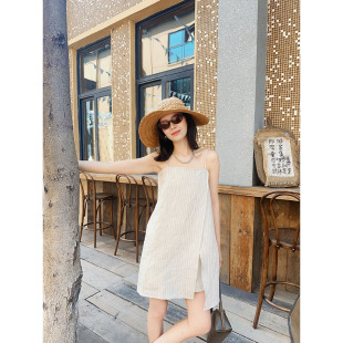 裙子开衩 短款 LIMESODA25春夏新款 亚麻条纹吊带裙女海边度假无袖