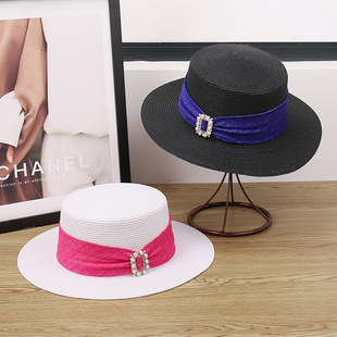 法式珍珠水钻平顶礼帽女夏季出游防晒遮阳编织帽子气质显脸小草帽
